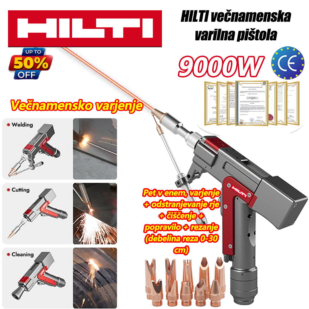 Večfunkcijska laserska varilna pištola z močjo 6000 W (vari zlato, srebro, baker, železo, aluminij in nerjaveče jeklo). Tri v enem: varjenje, odstranjevanje rje in rezanje (debelina reza: 0–10 cm).