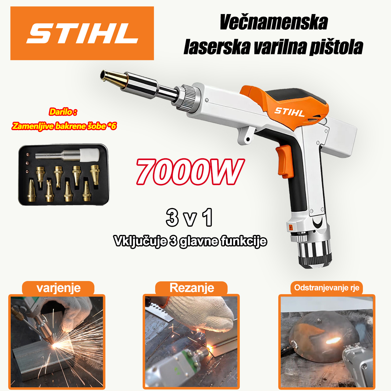 3-v-1 laserska varilna pištola z močjo 7000 W (varjenje, rezanje in odstranjevanje rje)