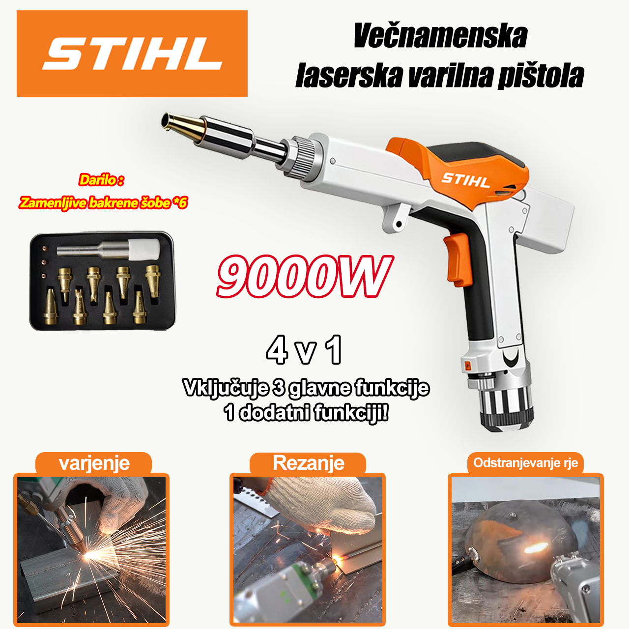 4-v-1 laserska varilna pištola z močjo 9000 W (varjenje, rezanje, odstranjevanje rje, zaključna obdelava varjenih materialov)