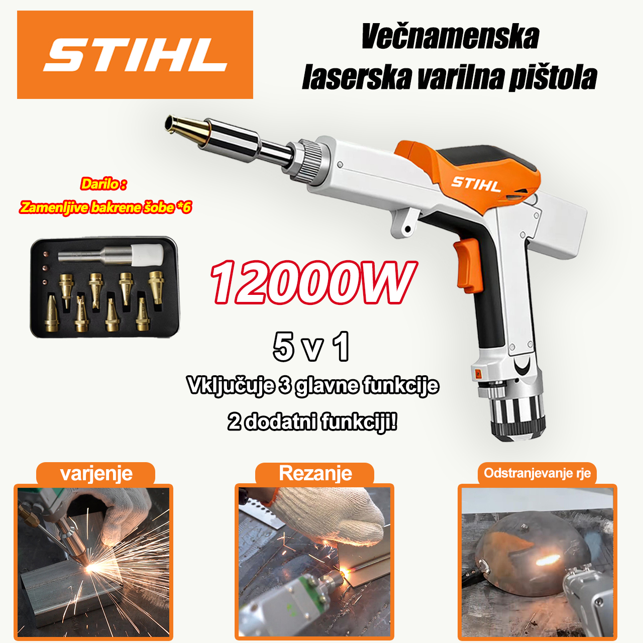 5-v-1 laserska varilna pištola z močjo 12000 W (varjenje, rezanje, odstranjevanje rje, zaključna obdelava varjenj, vrtanje)